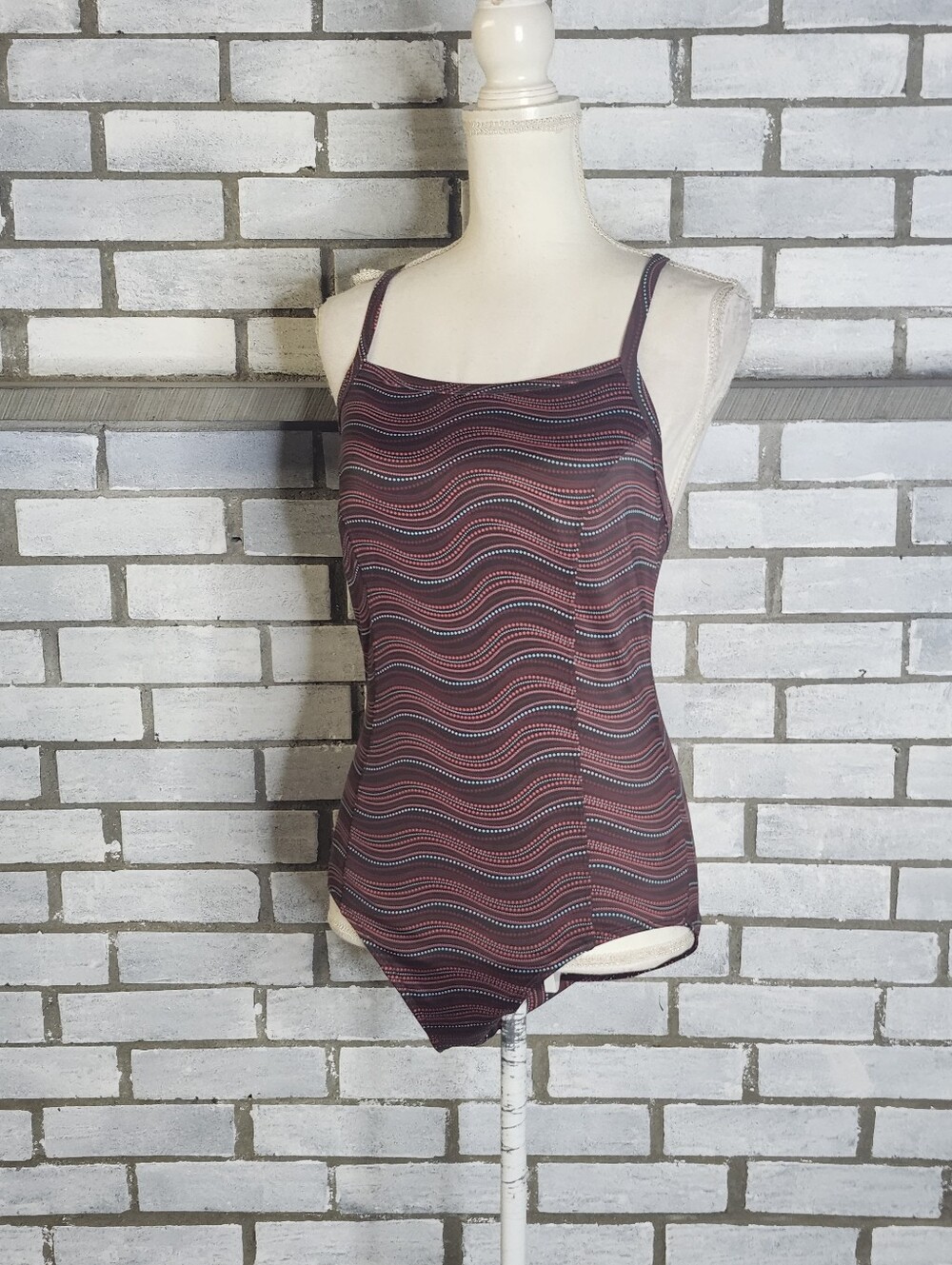 • LL Bean Women One Piece Swimsuit 12 BeanSport Tanksuit Brown Wavy Dot UPF 50+